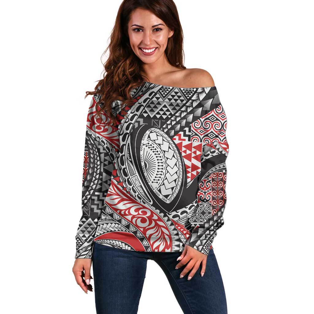 Aotearoa Maori Rugby Tribal Tattoo Off Shoulder Sweater Kowhaiwhai Taniko Patchwork Motifs LT9 Women Red - Polynesian Pride