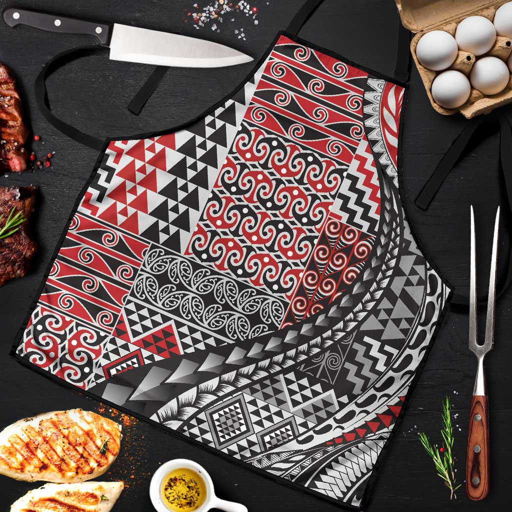 Aotearoa Maori Tribal Tattoo Apron Kowhaiwhai Taniko Patchwork Motifs LT9 Red - Polynesian Pride
