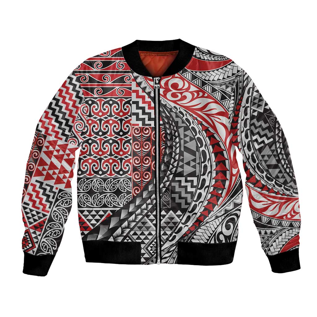 Aotearoa Maori Tribal Tattoo Bomber Jacket Kowhaiwhai Taniko Patchwork Motifs LT9 Unisex Red - Polynesian Pride
