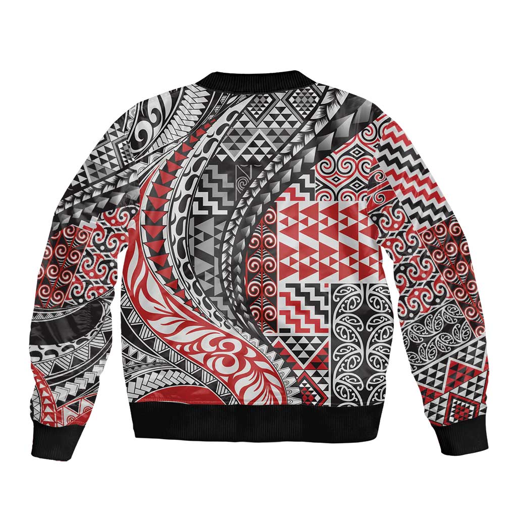 Aotearoa Maori Tribal Tattoo Bomber Jacket Kowhaiwhai Taniko Patchwork Motifs LT9 - Polynesian Pride
