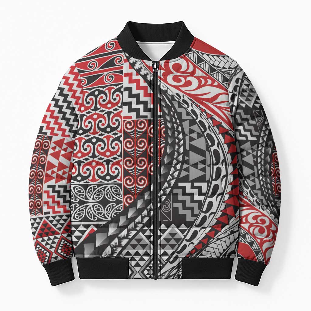 Aotearoa Maori Tribal Tattoo Bomber Puffer Jacket Kowhaiwhai Taniko Patchwork Motifs LT9 Unisex Red - Polynesian Pride