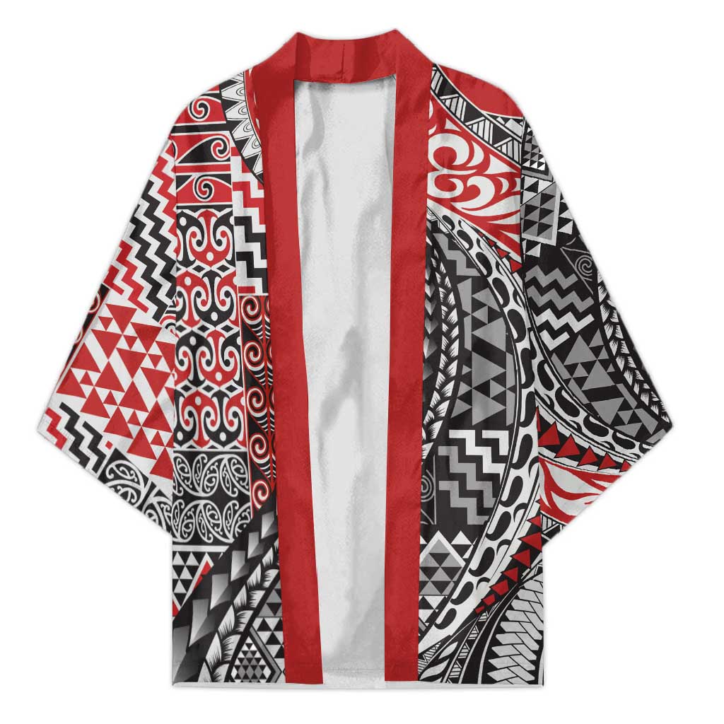 Aotearoa Maori Tribal Tattoo Kimono Kowhaiwhai Taniko Patchwork Motifs LT9 Unisex Red - Polynesian Pride