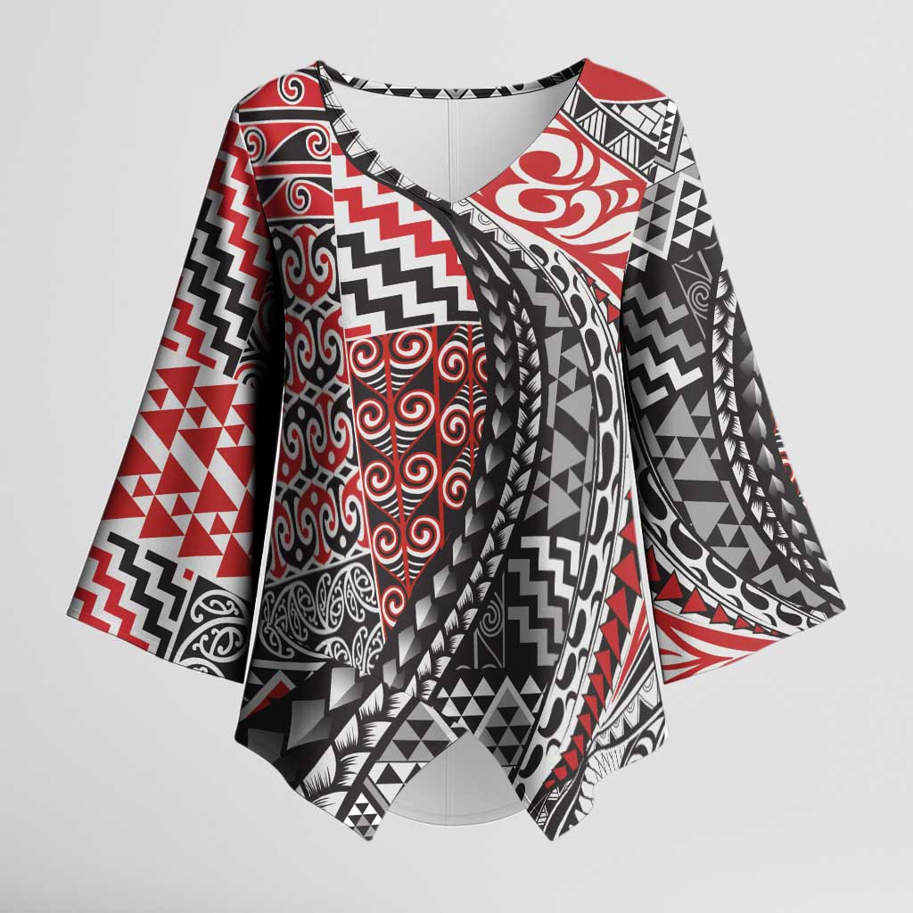 Aotearoa Maori Tribal Tattoo Kimono Sleeve Blouse Kowhaiwhai Taniko Patchwork Motifs LT9 Female Red - Polynesian Pride
