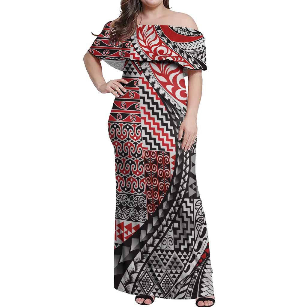 Aotearoa Maori Tribal Tattoo Off Shoulder Maxi Dress Kowhaiwhai Taniko Patchwork Motifs LT9 Women Red - Polynesian Pride