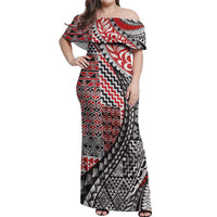 Aotearoa Maori Tribal Tattoo Off Shoulder Maxi Dress Kowhaiwhai Taniko Patchwork Motifs LT9 Women Red - Polynesian Pride