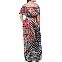Aotearoa Maori Tribal Tattoo Off Shoulder Maxi Dress Kowhaiwhai Taniko Patchwork Motifs LT9 - Polynesian Pride
