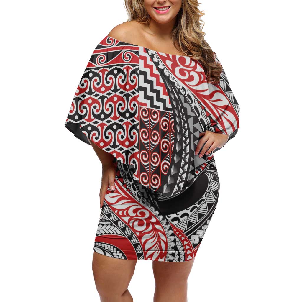 Aotearoa Maori Tribal Tattoo Off Shoulder Short Dress Kowhaiwhai Taniko Patchwork Motifs LT9 Women Red - Polynesian Pride