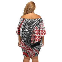 Aotearoa Maori Tribal Tattoo Off Shoulder Short Dress Kowhaiwhai Taniko Patchwork Motifs LT9 - Polynesian Pride