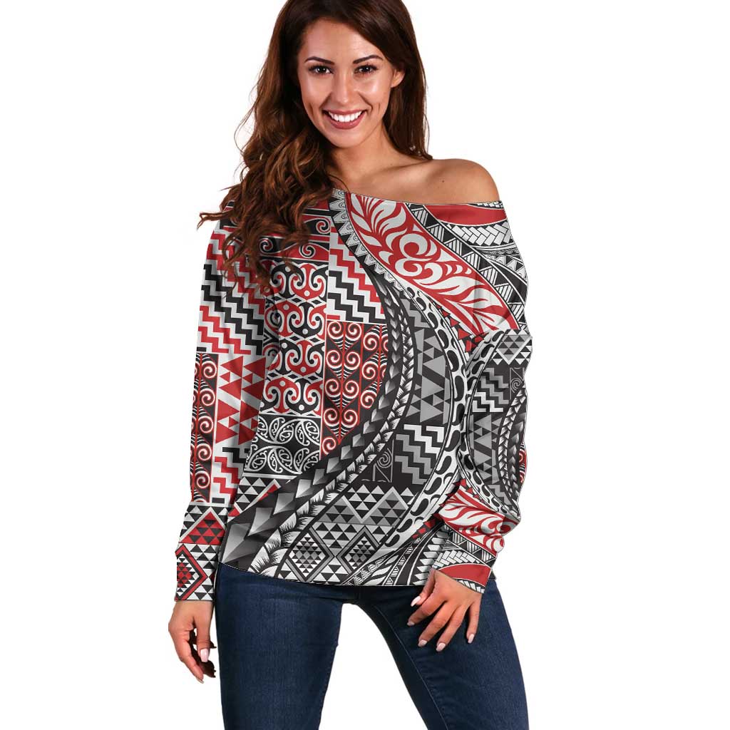 Aotearoa Maori Tribal Tattoo Off Shoulder Sweater Kowhaiwhai Taniko Patchwork Motifs LT9 Women Red - Polynesian Pride