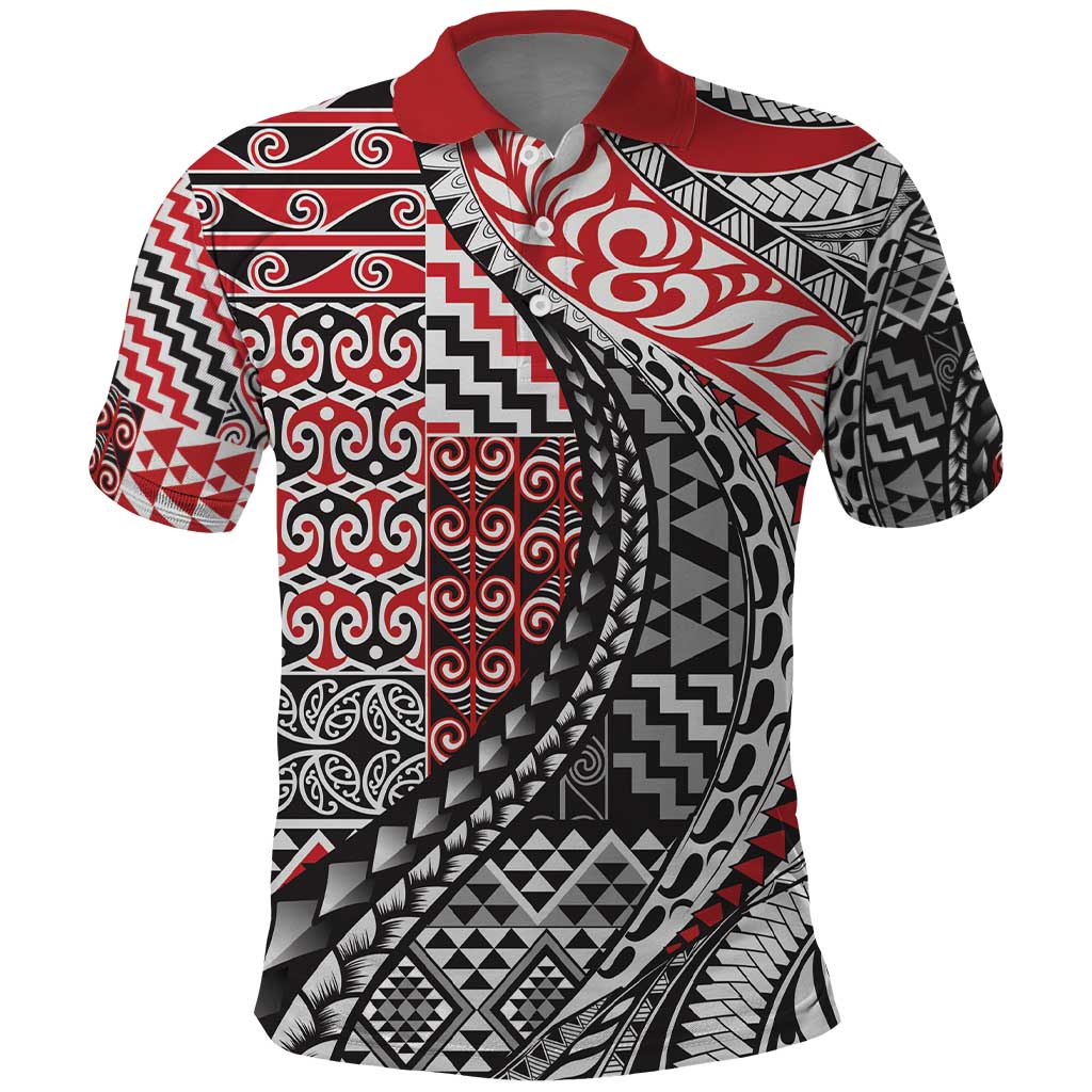 Aotearoa Maori Tribal Tattoo Polo Shirt Kowhaiwhai Taniko Patchwork Motifs LT9 Red - Polynesian Pride