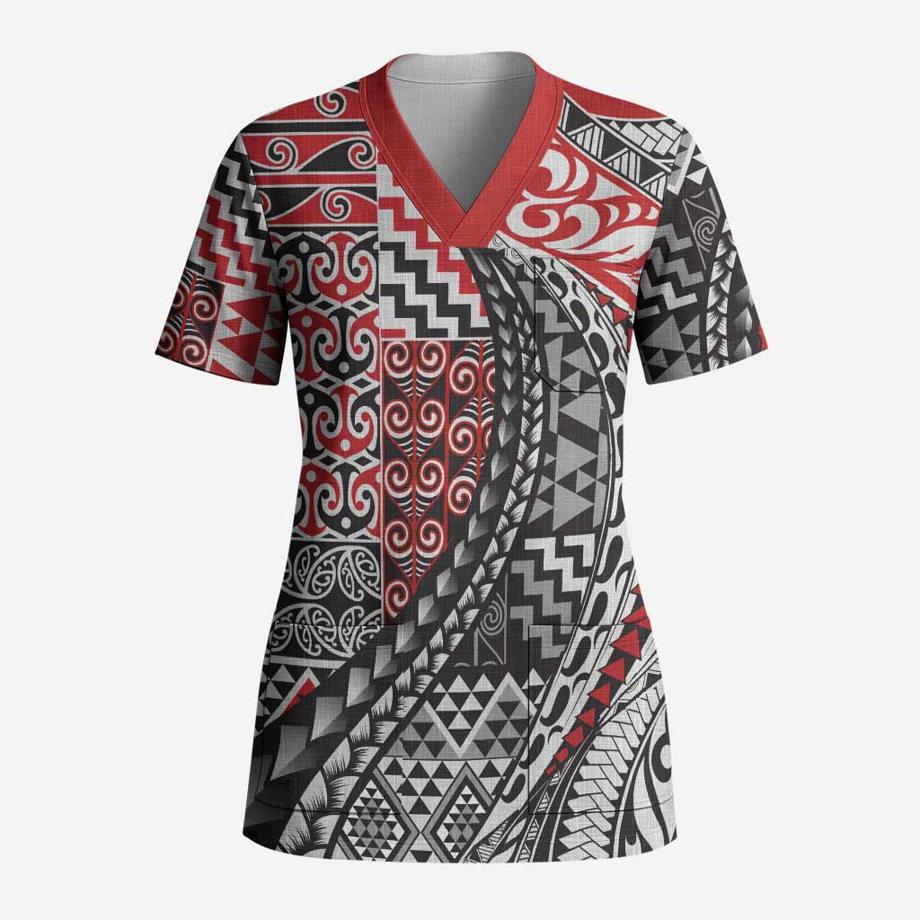 Aotearoa Maori Tribal Tattoo Scrub Top Kowhaiwhai Taniko Patchwork Motifs LT9 Adult Red - Polynesian Pride