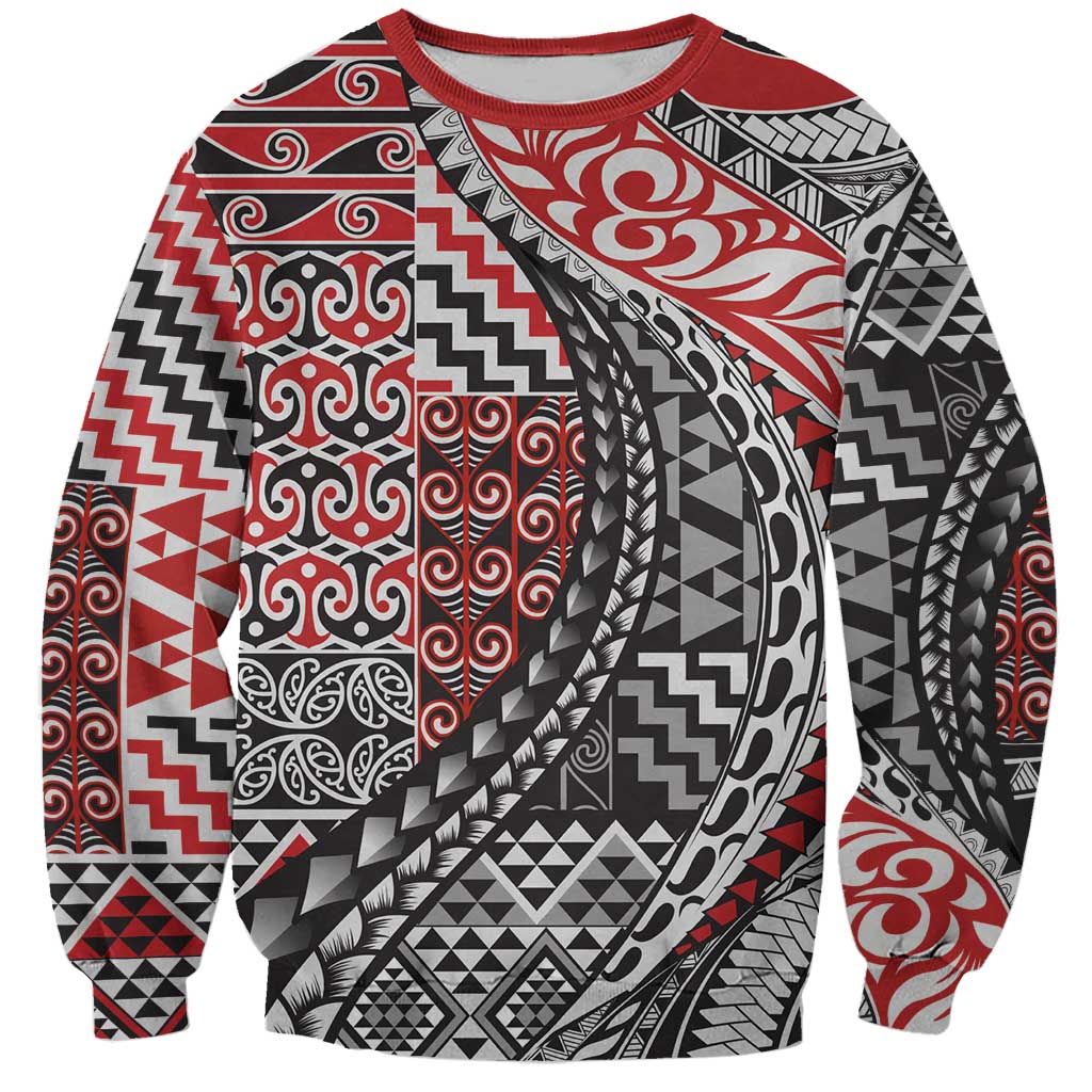 Aotearoa Maori Tribal Tattoo Sweatshirt Kowhaiwhai Taniko Patchwork Motifs LT9 Unisex Red - Polynesian Pride
