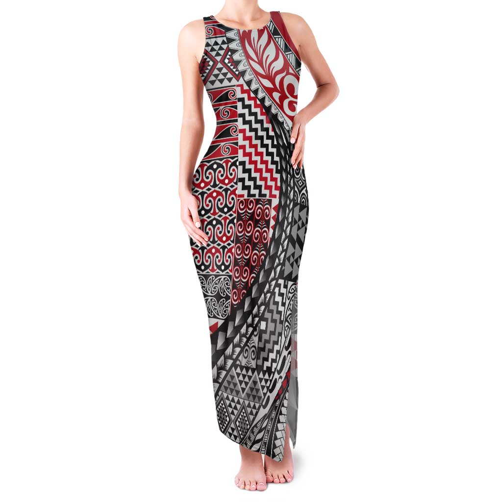 Aotearoa Maori Tribal Tattoo Tank Maxi Dress Kowhaiwhai Taniko Patchwork Motifs LT9 Women Red - Polynesian Pride