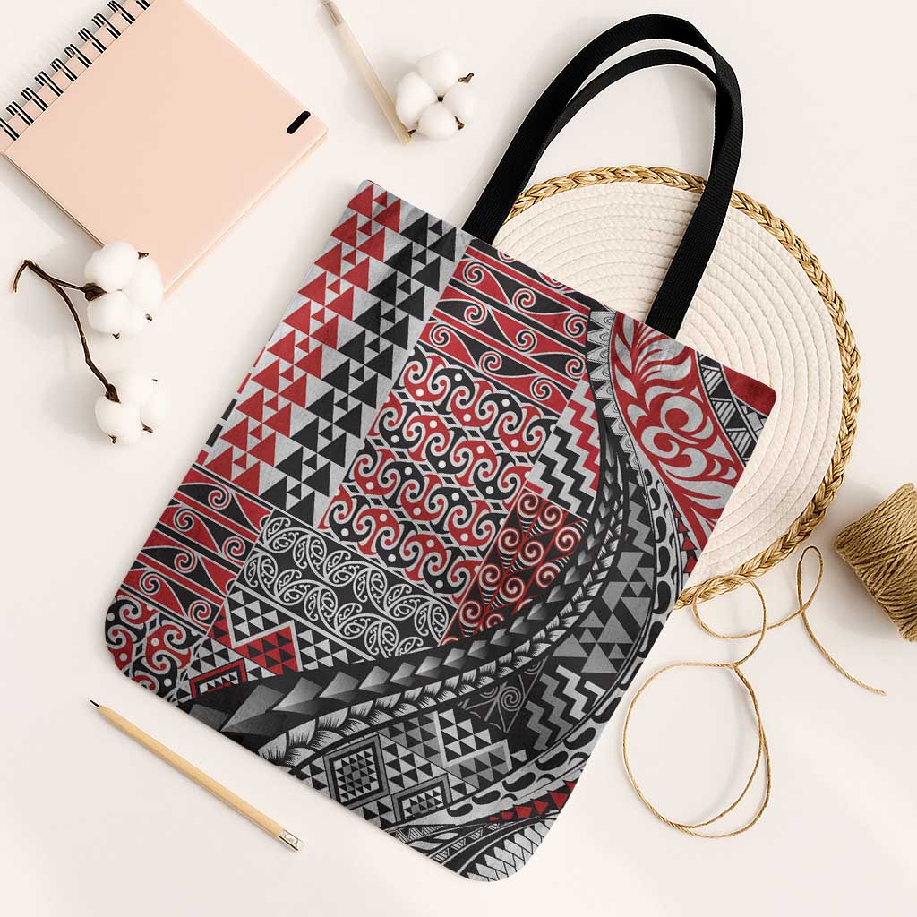 Aotearoa Maori Tribal Tattoo Tote Bag Kowhaiwhai Taniko Patchwork Motifs LT9 Black Strap One Size Red - Polynesian Pride