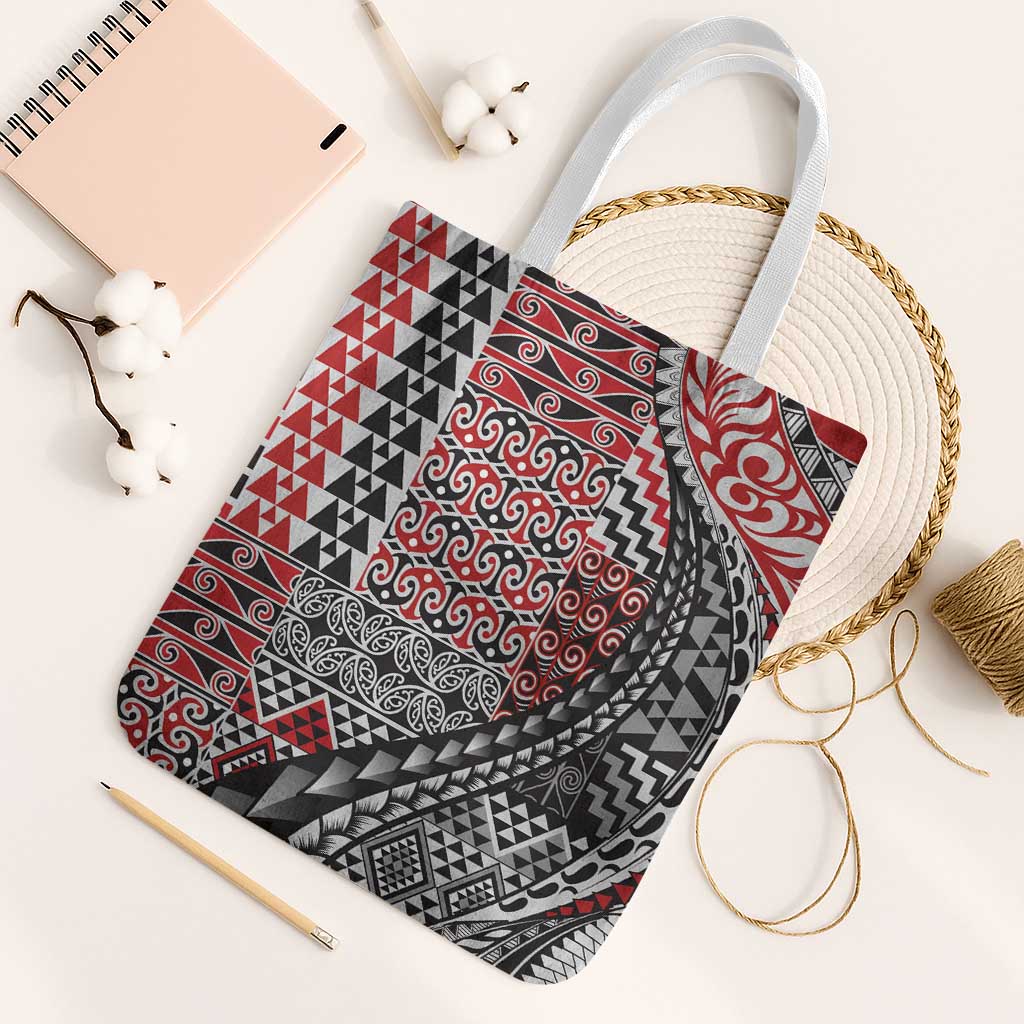 Aotearoa Maori Tribal Tattoo Tote Bag Kowhaiwhai Taniko Patchwork Motifs LT9 White Strap One Size Red - Polynesian Pride
