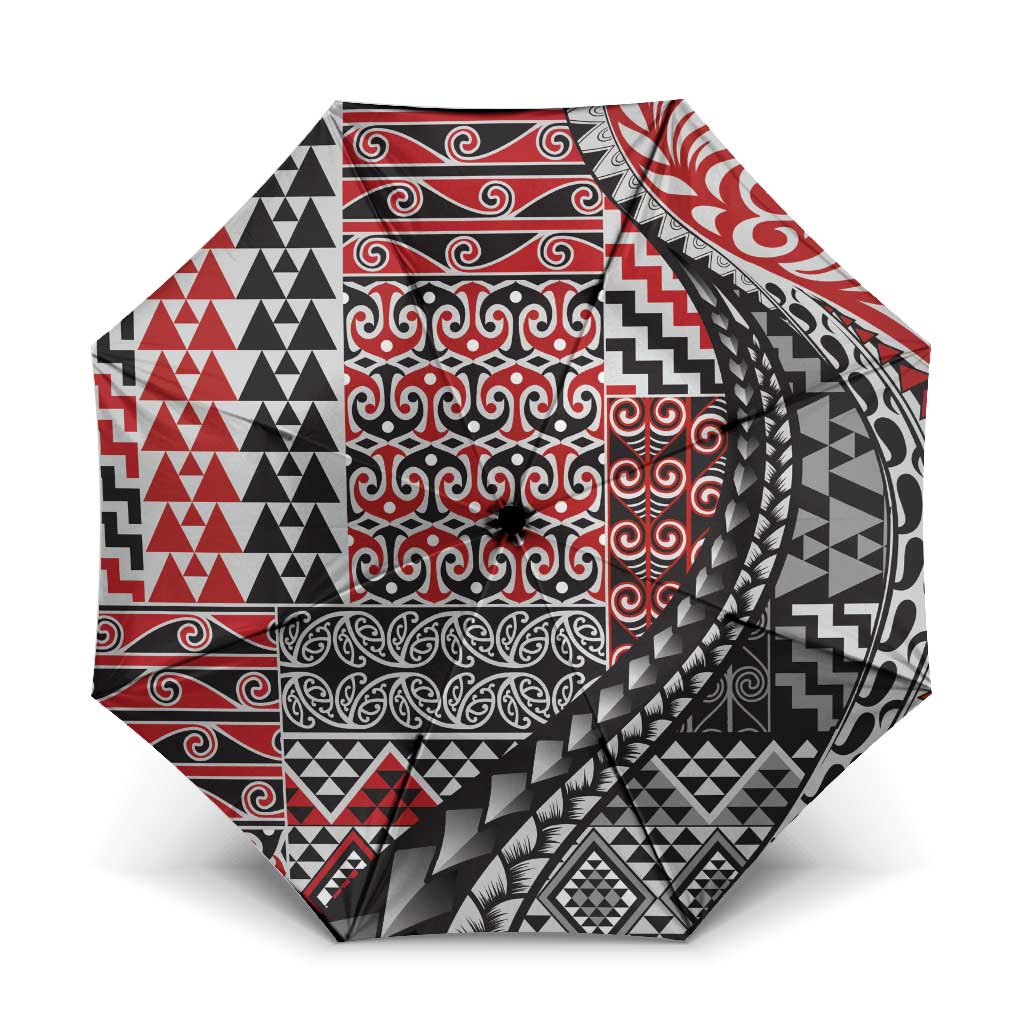 Aotearoa Maori Tribal Tattoo Umbrella Kowhaiwhai Taniko Patchwork Motifs LT9 One Size Folded 11.42 inch Opened Diameter 37.4 inch Red - Polynesian Pride