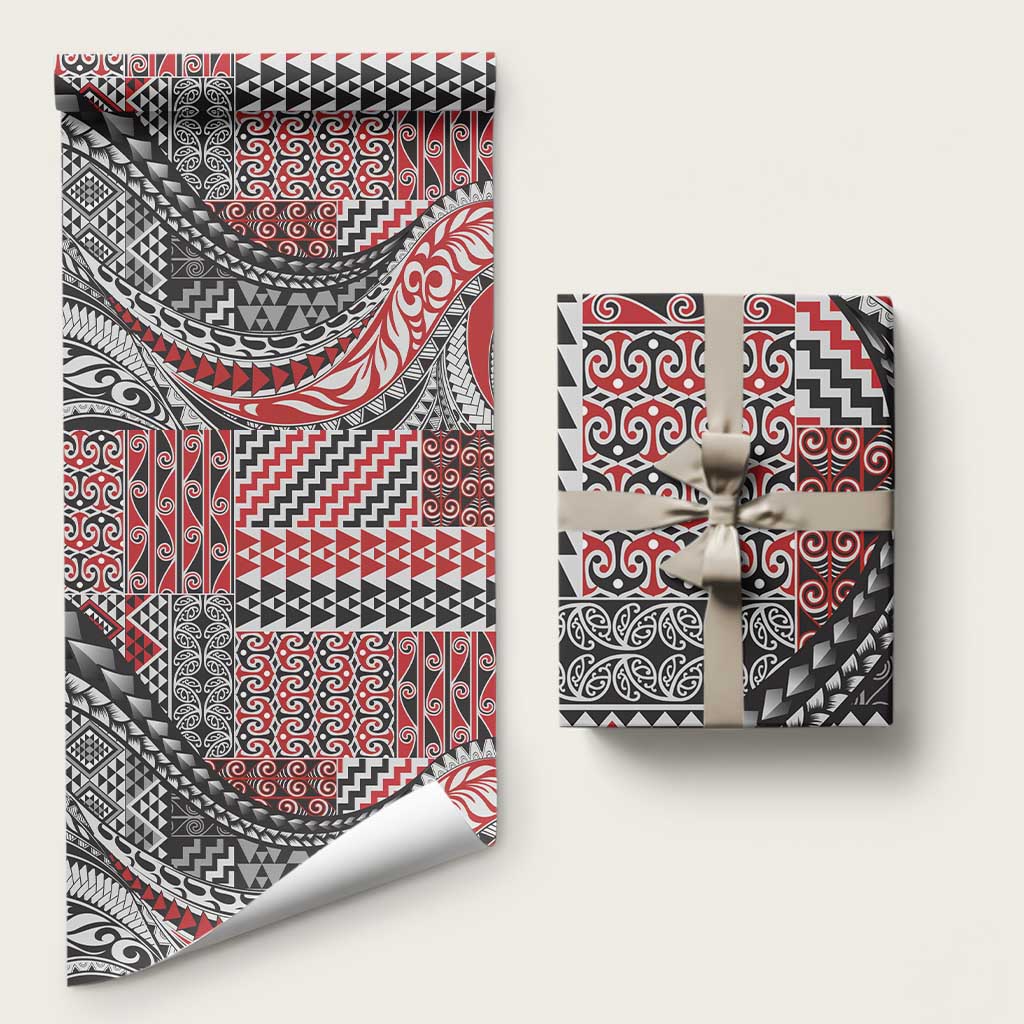 Aotearoa Maori Tribal Tattoo Wrapping Paper Kowhaiwhai Taniko Patchwork Motifs LT9 58" × 23" Red - Polynesian Pride