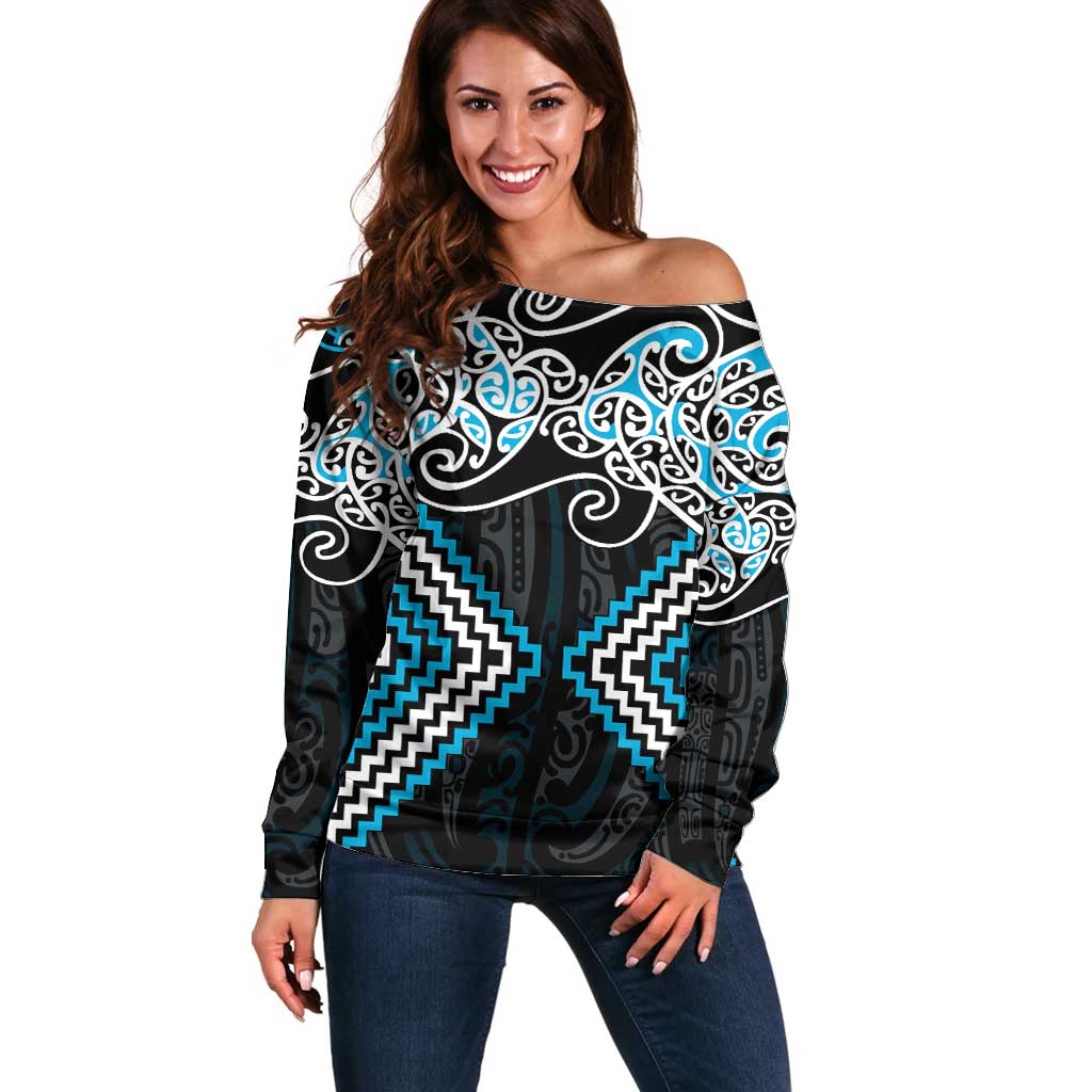 Blue Aotearoa Tukutuku Manawa Tapu Off Shoulder Sweater Ta Moko Toi Maori LT9 Women Blue - Polynesian Pride
