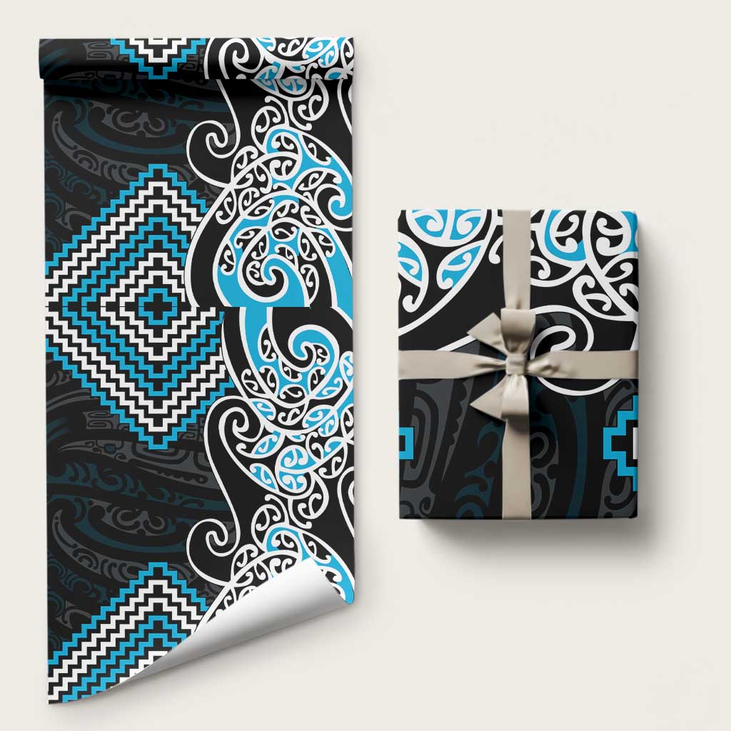 Blue Aotearoa Tukutuku Manawa Tapu Wrapping Paper Ta Moko Toi Maori LT9 58" × 23" Blue - Polynesian Pride