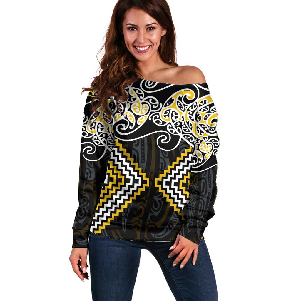 Gold Aotearoa Tukutuku Manawa Tapu Off Shoulder Sweater Ta Moko Toi Maori LT9 Women Gold - Polynesian Pride