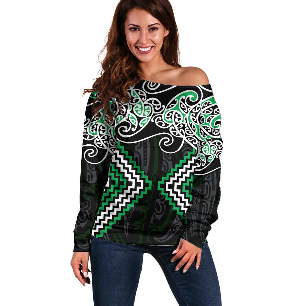 Green Aotearoa Tukutuku Manawa Tapu Off Shoulder Sweater Ta Moko Toi Maori LT9 Women Green - Polynesian Pride