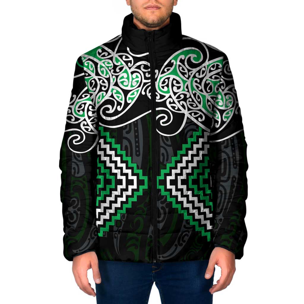 Green Aotearoa Tukutuku Manawa Tapu Padded Jacket Ta Moko Toi Maori LT9 Men Green - Polynesian Pride