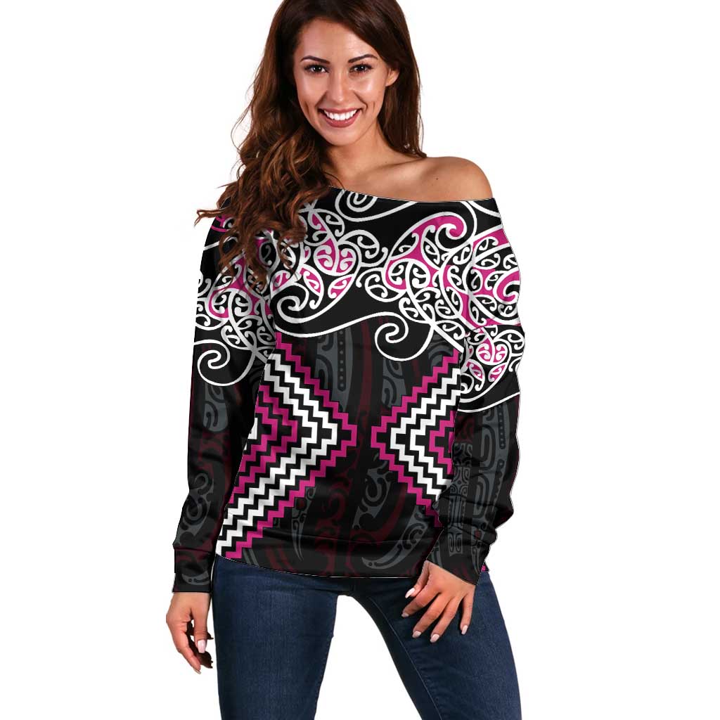 Pink Aotearoa Tukutuku Manawa Tapu Off Shoulder Sweater Ta Moko Toi Maori LT9 Women Pink - Polynesian Pride