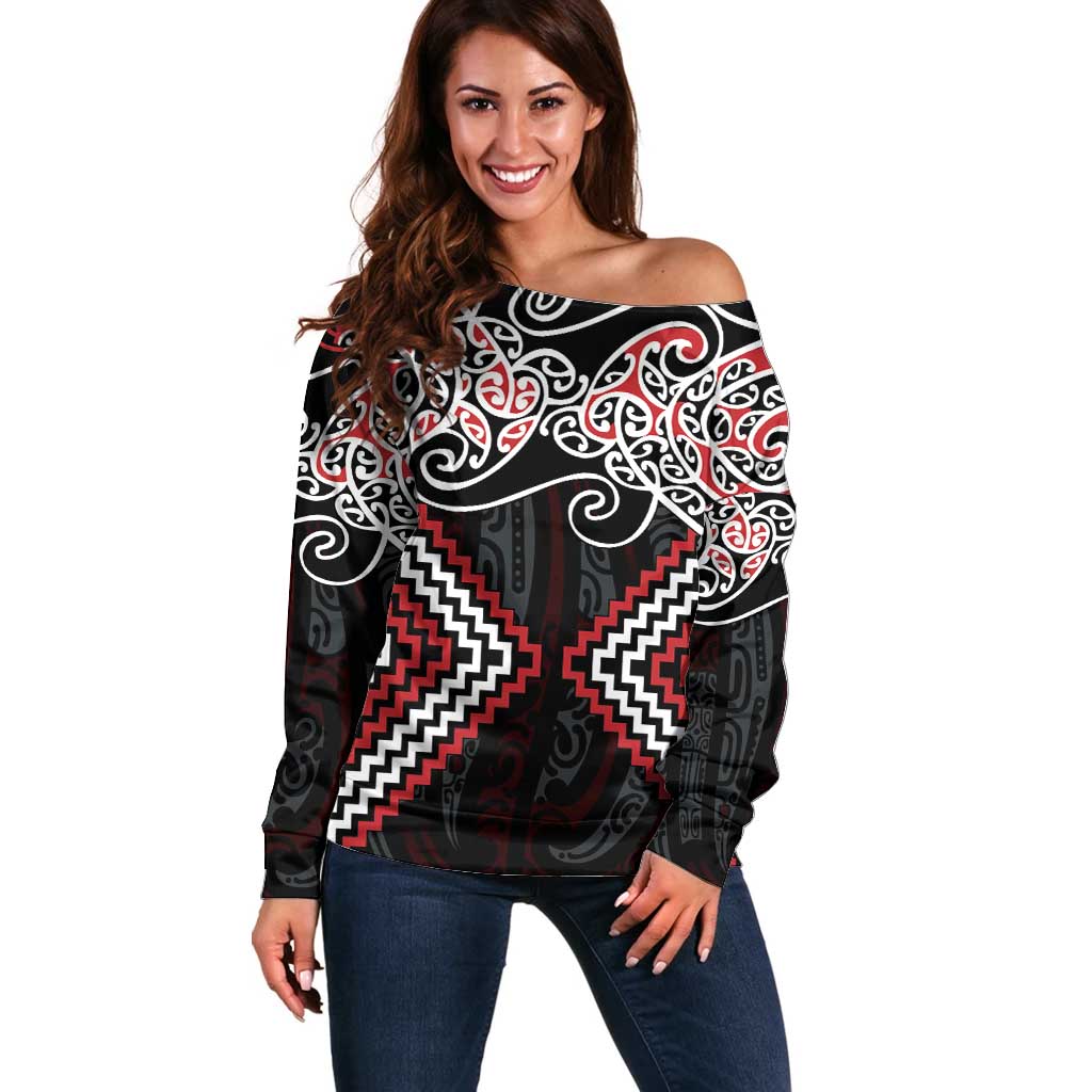 Red Aotearoa Tukutuku Manawa Tapu Off Shoulder Sweater Ta Moko Toi Maori LT9 Women Red - Polynesian Pride