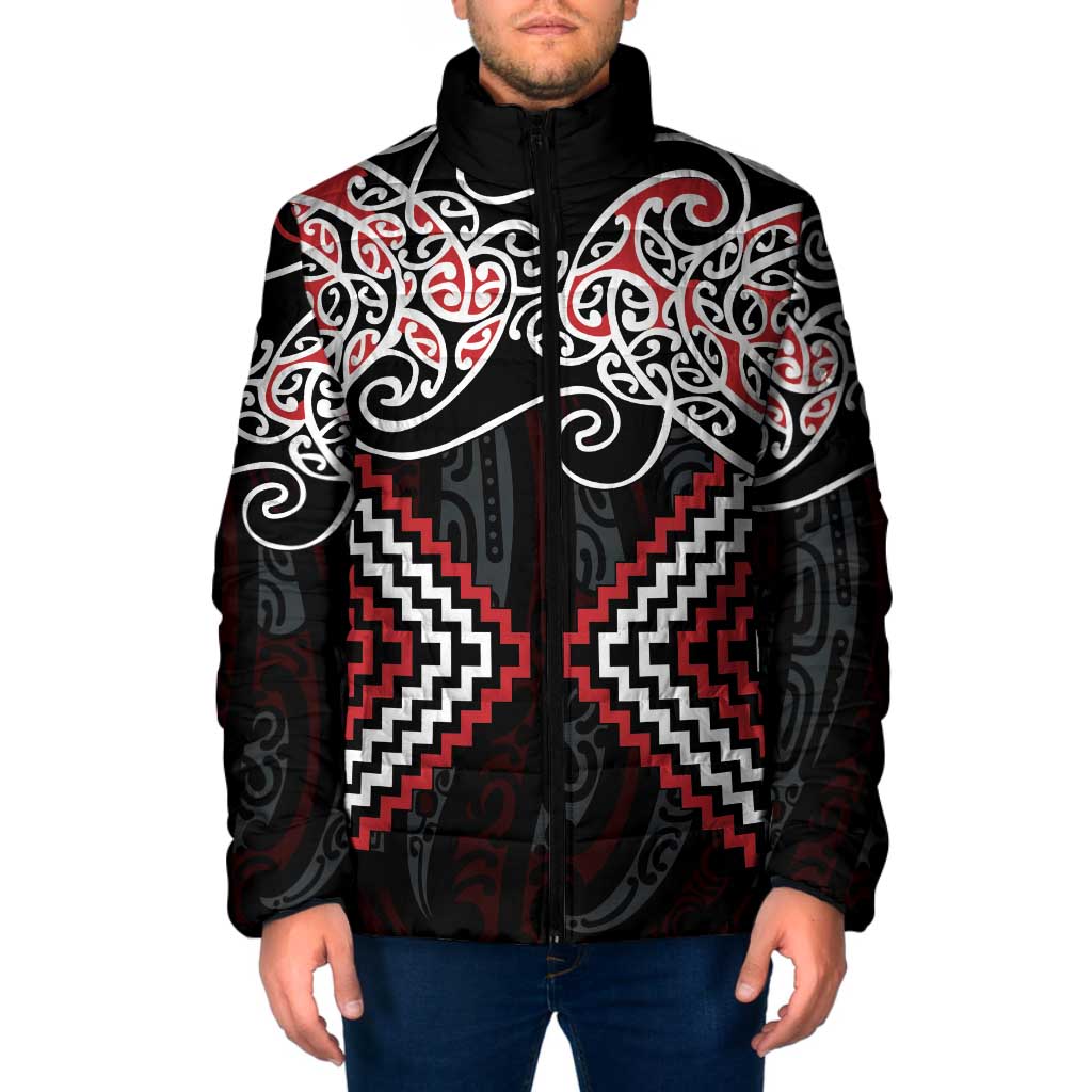 Red Aotearoa Tukutuku Manawa Tapu Padded Jacket Ta Moko Toi Maori LT9 Men Red - Polynesian Pride