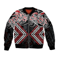 Red Aotearoa Tukutuku Manawa Tapu Sleeve Zip Bomber Jacket Ta Moko Toi Maori LT9 Unisex Red - Polynesian Pride