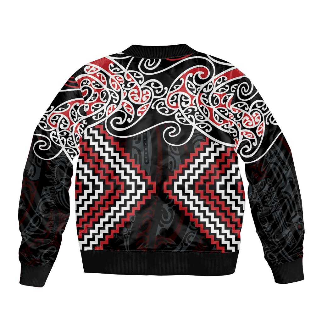 Red Aotearoa Tukutuku Manawa Tapu Sleeve Zip Bomber Jacket Ta Moko Toi Maori LT9 - Polynesian Pride