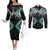 Turquoise Aotearoa Tukutuku Manawa Tapu Couples Matching Off The Shoulder Long Sleeve Dress and Long Sleeve Button Shirt Ta Moko Toi Maori