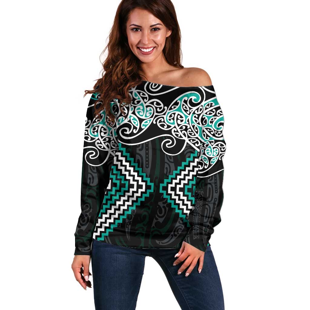 Turquoise Aotearoa Tukutuku Manawa Tapu Off Shoulder Sweater Ta Moko Toi Maori LT9 Women Turquoise - Polynesian Pride