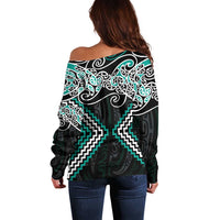 Turquoise Aotearoa Tukutuku Manawa Tapu Off Shoulder Sweater Ta Moko Toi Maori LT9 - Polynesian Pride