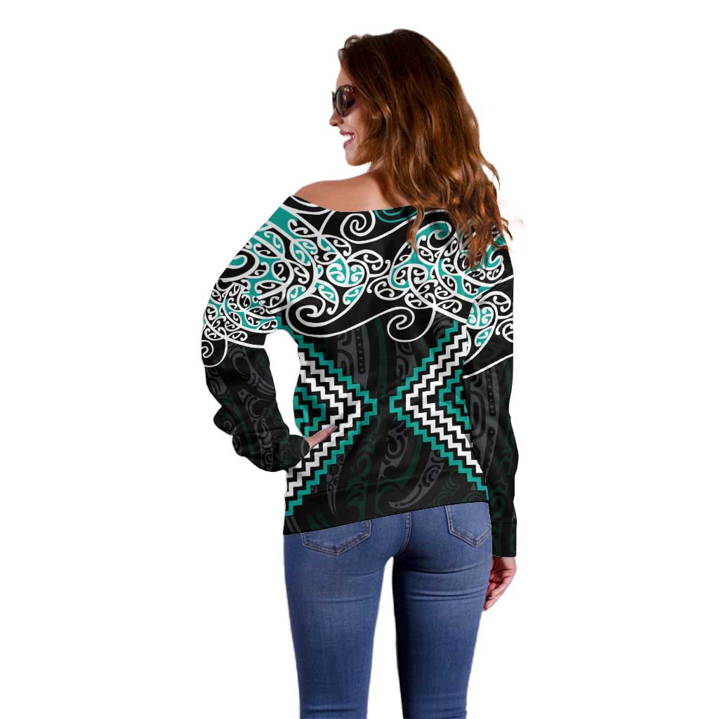 Turquoise Aotearoa Tukutuku Manawa Tapu Off Shoulder Sweater Ta Moko Toi Maori LT9 - Polynesian Pride