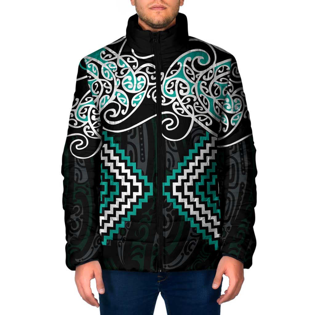 Turquoise Aotearoa Tukutuku Manawa Tapu Padded Jacket Ta Moko Toi Maori LT9 Men Turquoise - Polynesian Pride