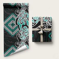 Turquoise Aotearoa Tukutuku Manawa Tapu Wrapping Paper Ta Moko Toi Maori LT9 58" × 23" Turquoise - Polynesian Pride