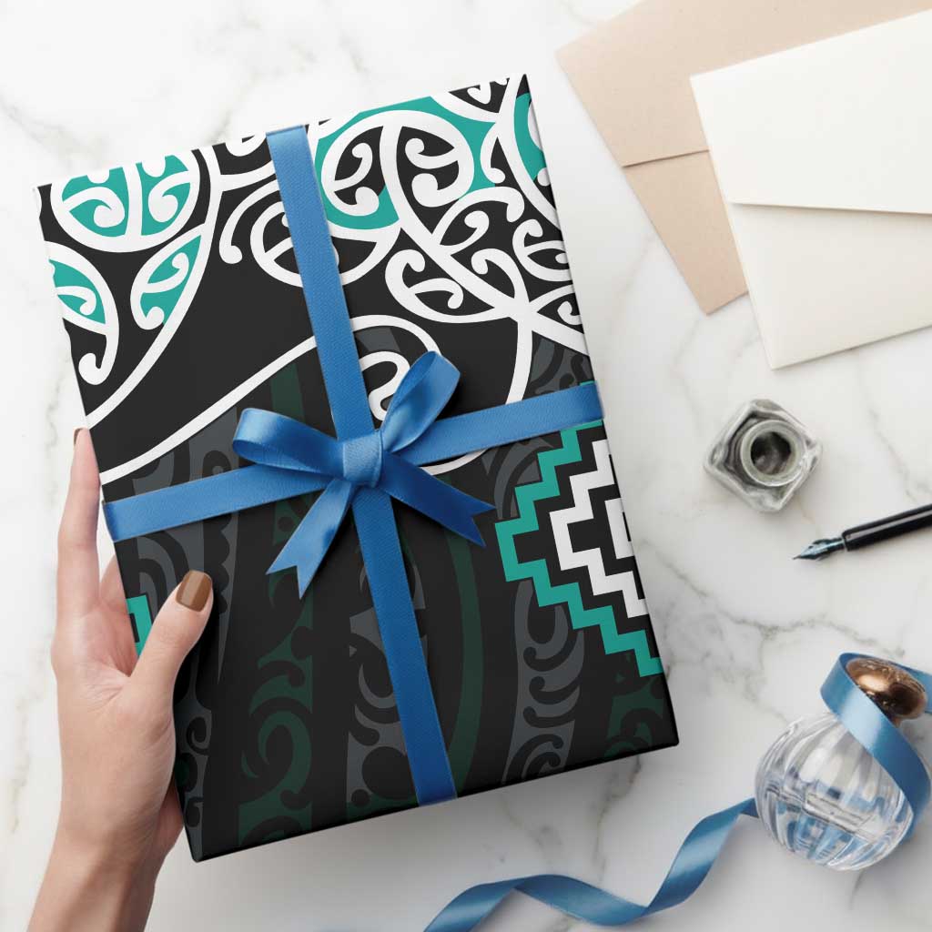 Turquoise Aotearoa Tukutuku Manawa Tapu Wrapping Paper Ta Moko Toi Maori LT9 - Polynesian Pride