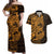 Gold Couple Dolphins Maori Polynesian Style Couples Matching Off Shoulder Maxi Dress and Hawaiian Shirt