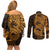 Gold Couple Dolphins Maori Polynesian Style Couples Matching Off Shoulder Short Dress and Long Sleeve Button Shirt