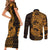 Gold Couple Dolphins Maori Polynesian Style Couples Matching Short Sleeve Bodycon Dress and Long Sleeve Button Shirt