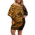 Gold Couple Dolphins Maori Polynesian Style Family Matching Off Shoulder Short Dress and Hawaiian Shirt