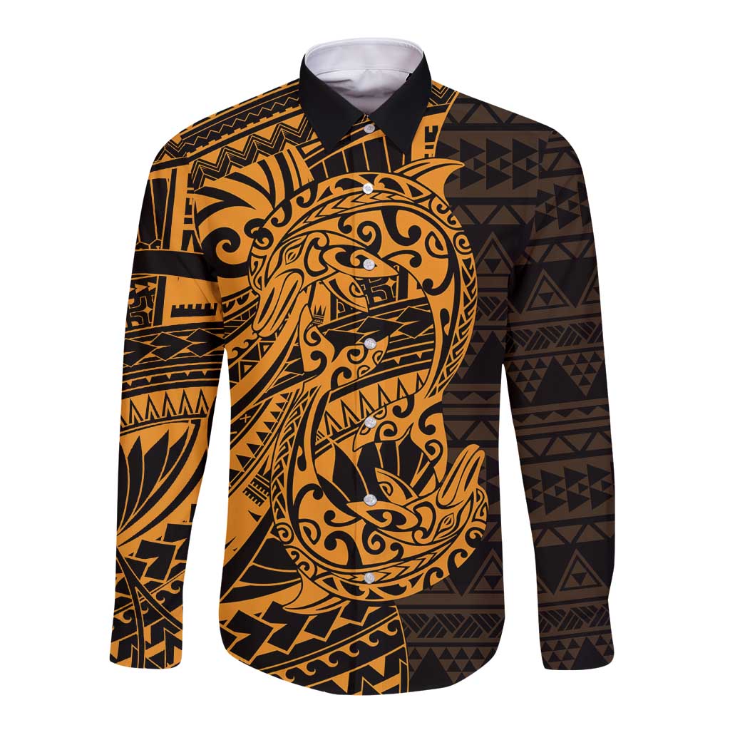 Gold Couple Dolphins Maori Polynesian Style Long Sleeve Button Shirt LT9 Unisex Gold - Polynesian Pride