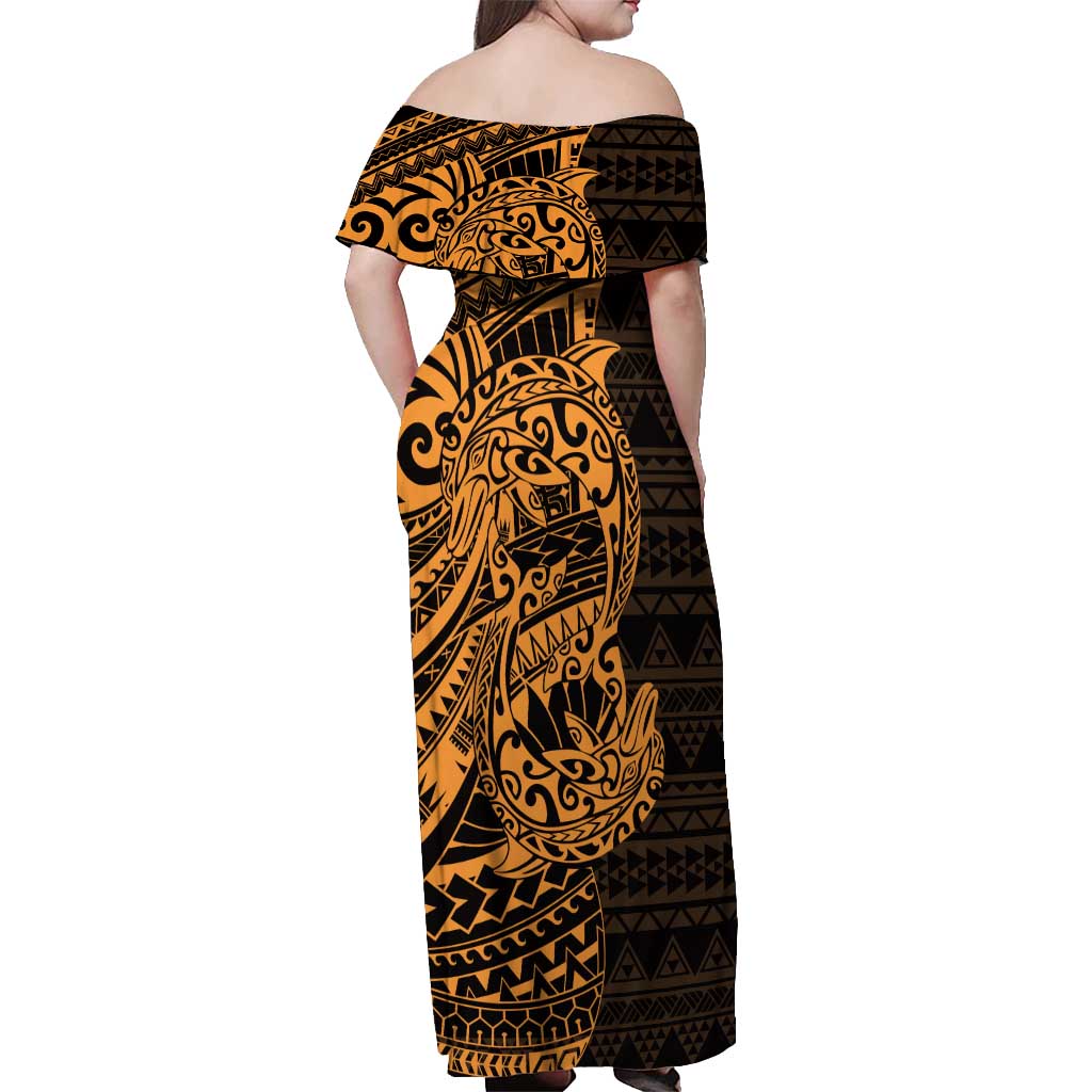 Gold Couple Dolphins Maori Polynesian Style Off Shoulder Maxi Dress LT9 - Polynesian Pride