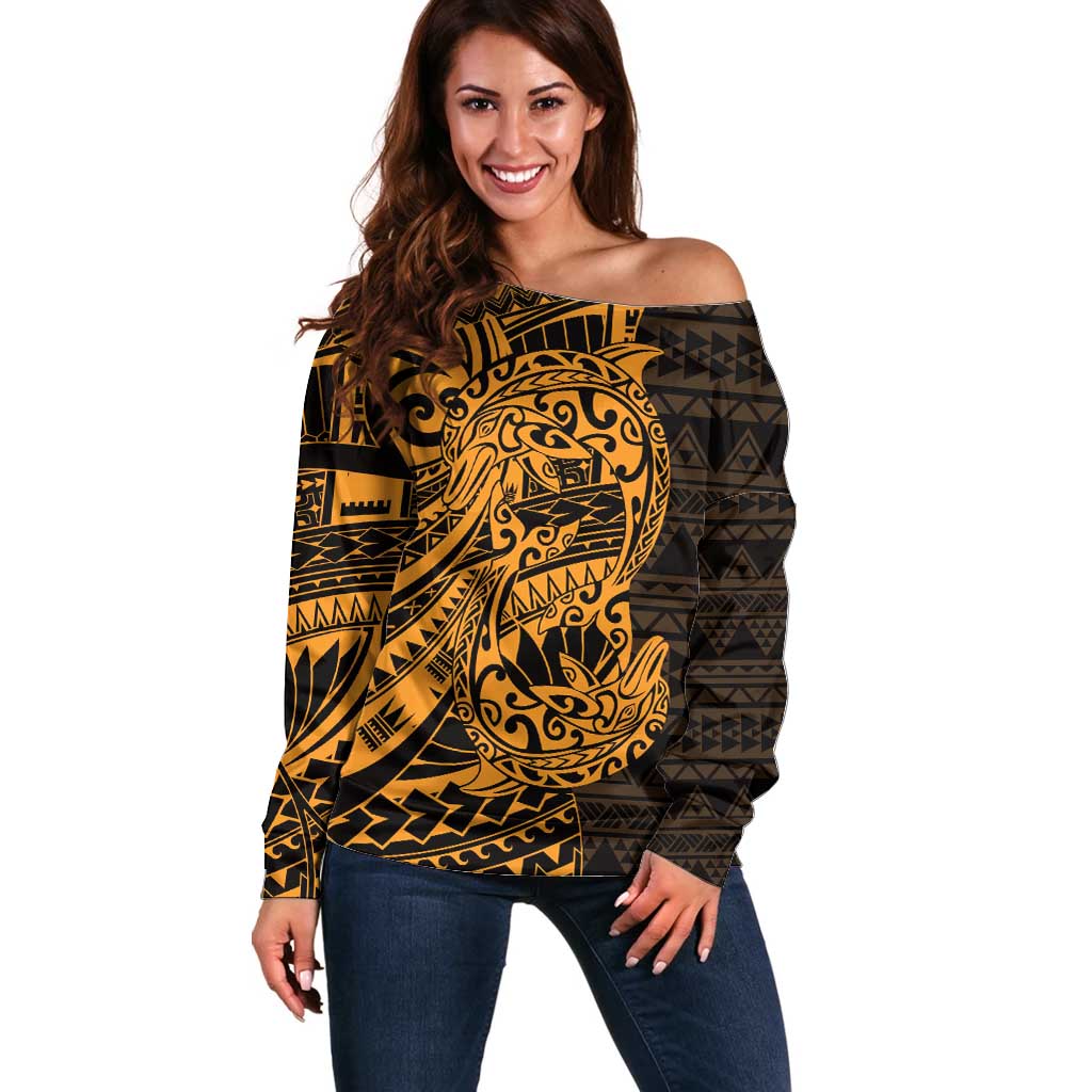 Gold Couple Dolphins Maori Polynesian Style Off Shoulder Sweater LT9 Women Gold - Polynesian Pride