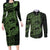 Green Couple Dolphins Maori Polynesian Style Couples Matching Long Sleeve Bodycon Dress and Long Sleeve Button Shirt