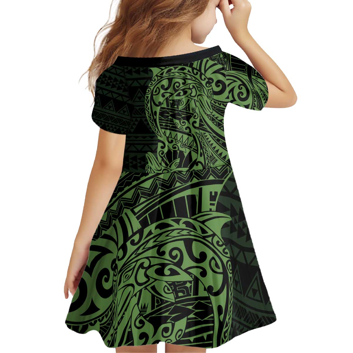 Green Couple Dolphins Maori Polynesian Style Kid Short Sleeve Dress LT9 - Polynesian Pride