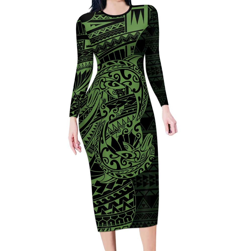 Green Couple Dolphins Maori Polynesian Style Long Sleeve Bodycon Dress LT9 Long Dress Green - Polynesian Pride