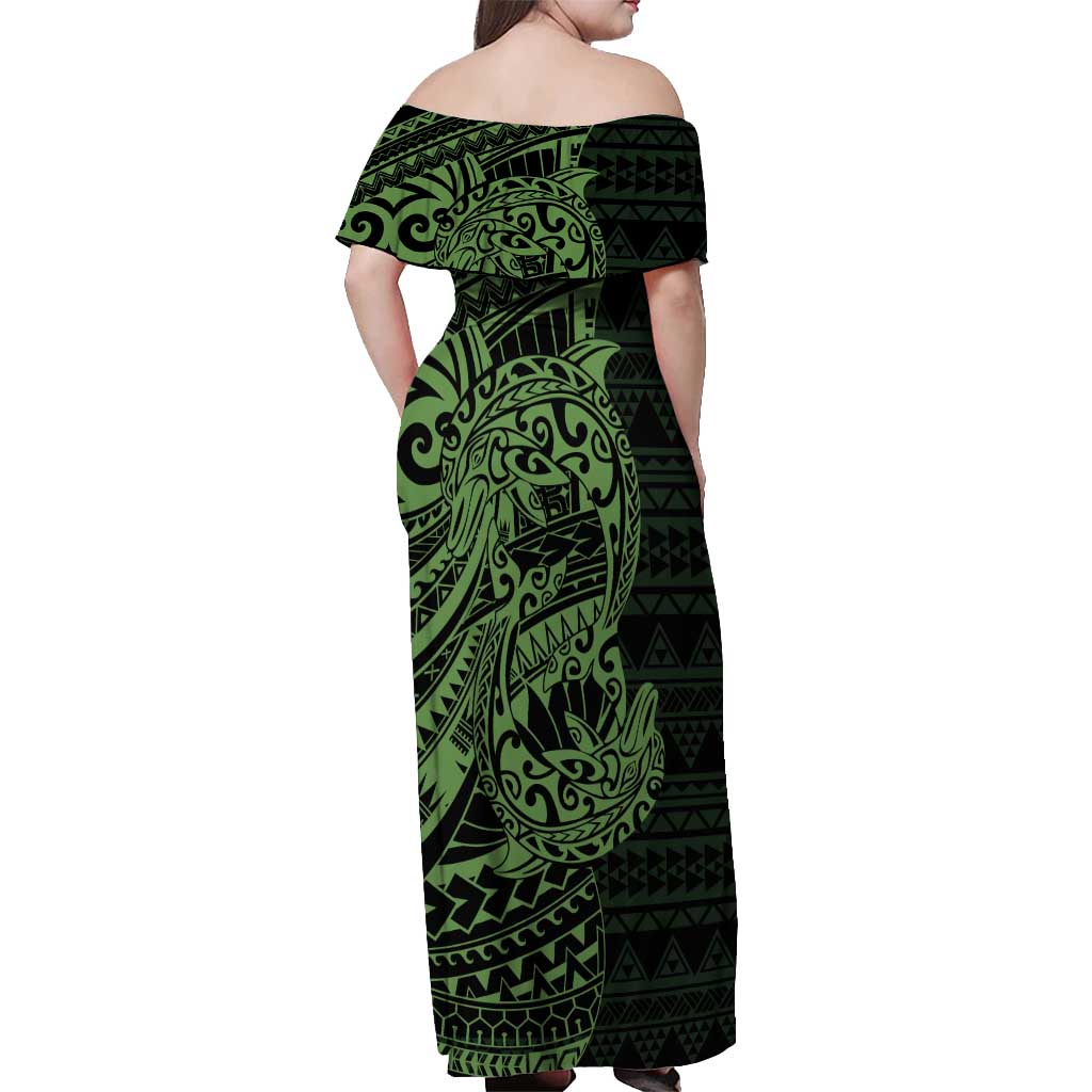 Green Couple Dolphins Maori Polynesian Style Off Shoulder Maxi Dress LT9 - Polynesian Pride