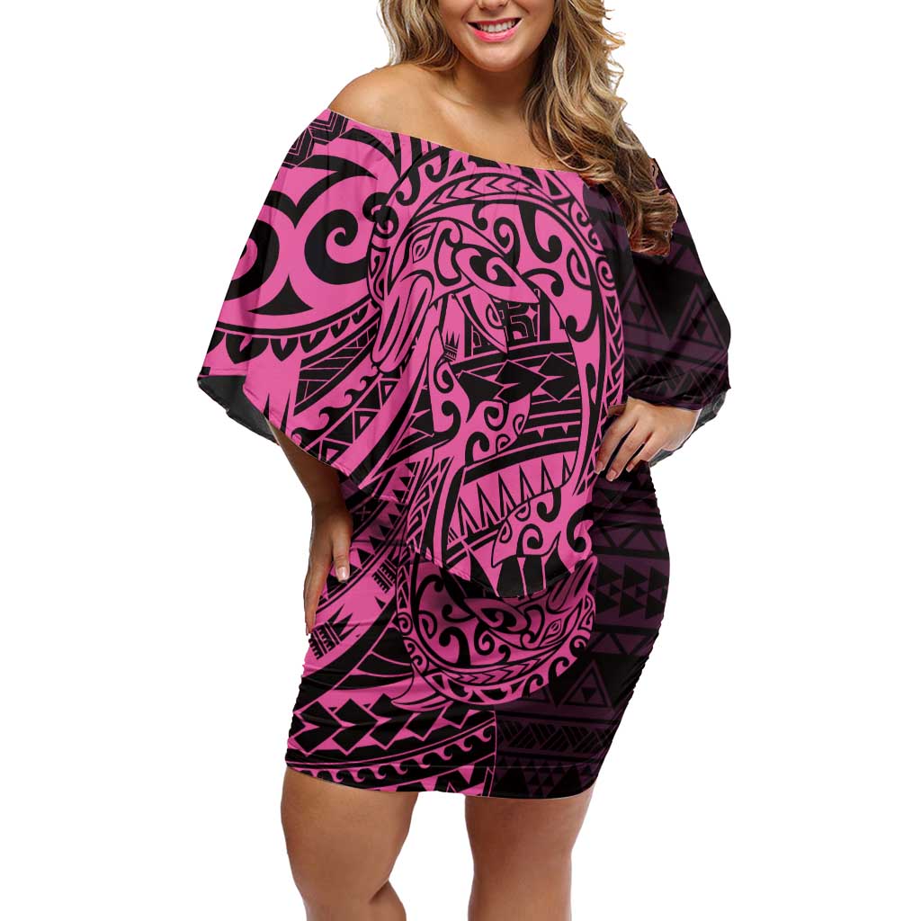 Pink Couple Dolphins Maori Polynesian Style Off Shoulder Short Dress LT9 Women Pink - Polynesian Pride